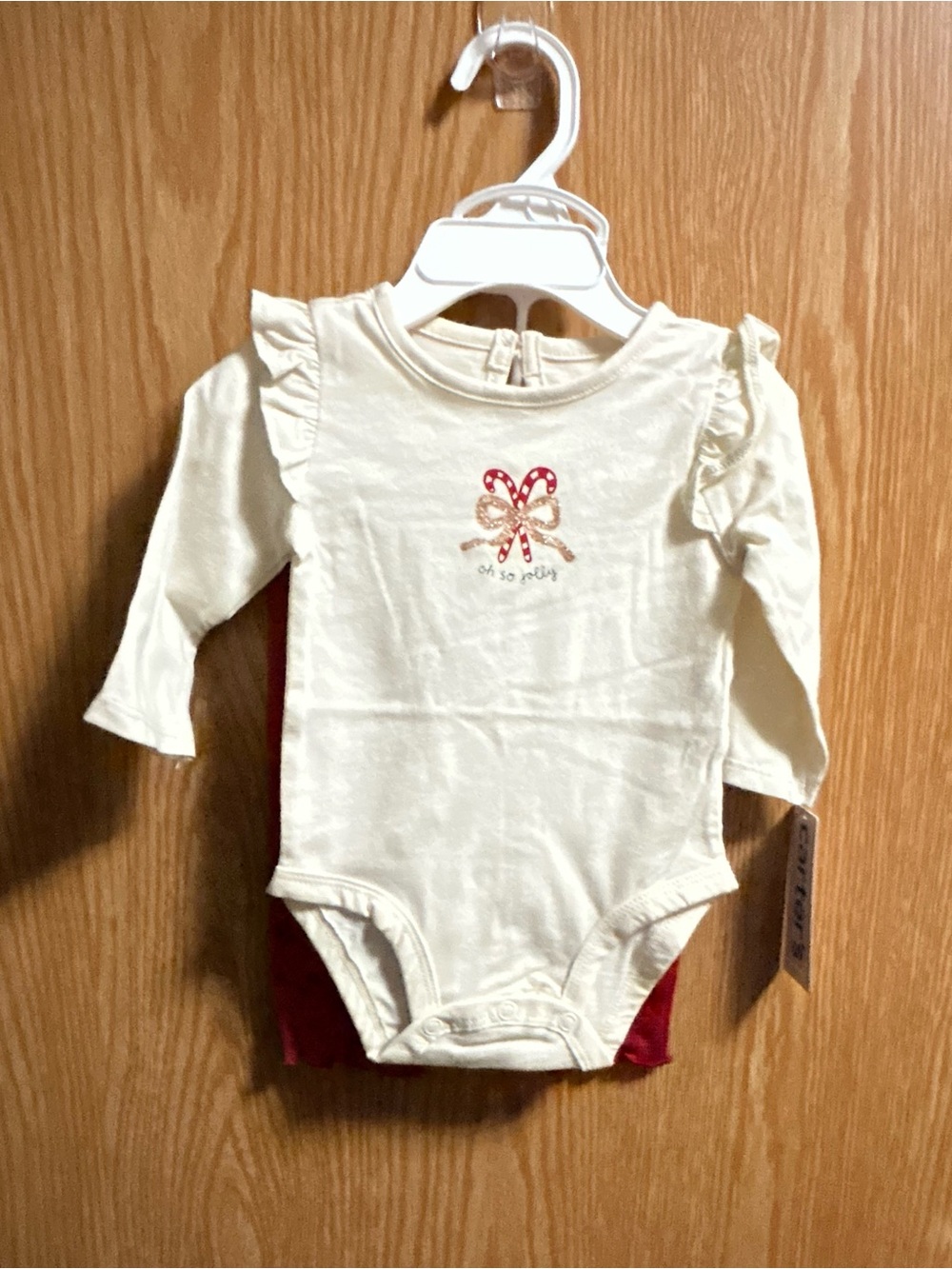 2pc “Oh So Jolly” Cream Long Sleeve Bodysuit & Red Pants Set